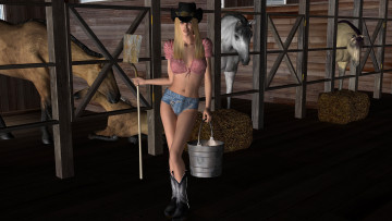 Картинка 3д+графика люди+ people сено шляпа лошади ведро сарай взгляд девушка