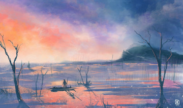 Картинка рисованное живопись человек река пейзаж деревья