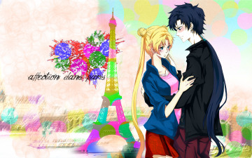 обоя sailor moon, аниме, парень, девушка, обьятия