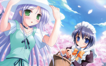 Картинка yoake+mae+yori+ruri+iro+na аниме корзинка облака шляпа девушки взгляд