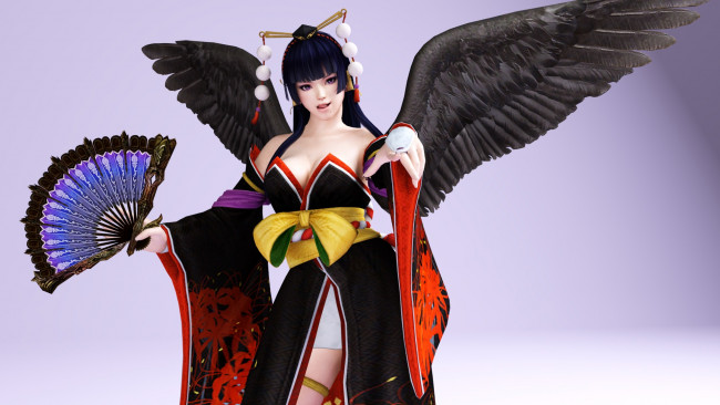 Обои картинки фото 3д графика, аниме , anime, крылья, веер, взгляд, девушка