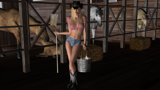 Обои картинки фото 3д графика, люди , people, сено, шляпа, лошади, ведро, сарай, взгляд, девушка