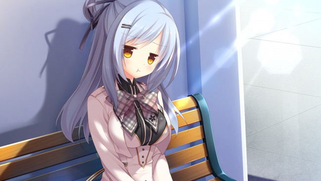 Обои картинки фото аниме, kimi no tonari de koishiteru, лучи, солнечные, блики, стена, лавочка, девушка