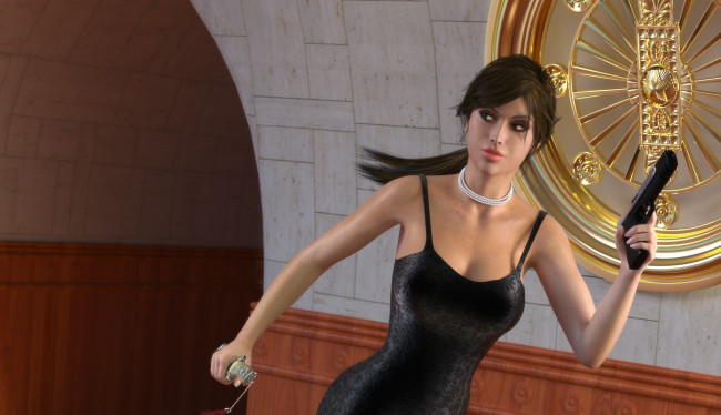 Обои картинки фото 3д графика, фантазия , fantasy, оружие, взгляд, девушка