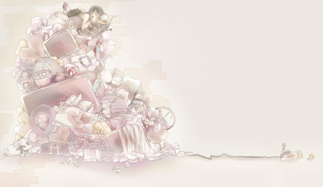 Обои картинки фото аниме, vocaloid, девушка, арт, mizutame, tori, разетка, провод, капли, вещи