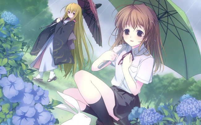 Обои картинки фото fortune arterial, аниме, зонтик, цветы, девушки
