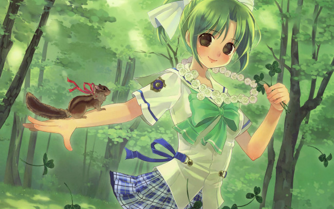Обои картинки фото yoake mae yori ruri iro na, аниме, девушка, улыбка, лес, белка