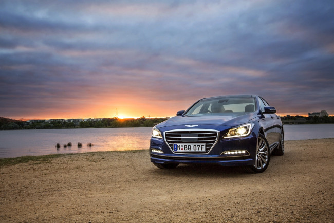 Обои картинки фото автомобили, hyundai, 2014г, dh, au-spec, genesis, синий