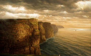 Картинка рисованное живопись скала море пейзаж девушка тучи