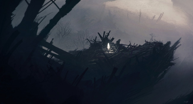 Обои картинки фото фэнтези, призраки, fantasy, рисунок, арт, art, debris, силуэт, silhouette, фигура, figure, ангел, angel, последний, last, девушка, girl, by, grivetart, постапокалипсис, post, apocalyptic, руины, ruin, развалины, обломки