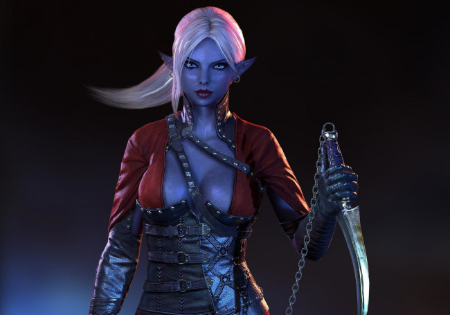 Обои картинки фото 3д графика, эльфы , elves, оружие, взгляд, фон, корсет, грудь, эльфийка, цепь
