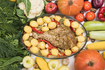 Картинка еда мясные+блюда ножка овощи зелень индейки