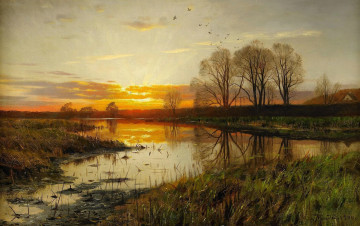 Картинка рисованное природа peder mоrk mоnsted петер мерк менстед картина закат над водой пейзаж