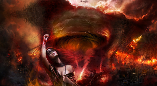 Обои картинки фото фэнтези, девушки, девушка, огонь, смерч, город, маска, кровь, нож