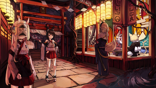 Обои картинки фото аниме, животные,  существа, взгляд, фон, девушка