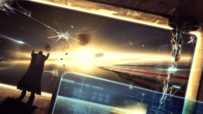 Обои картинки фото фэнтези, космические корабли,  звездолеты,  станции, корабли, человек, космос, стекло, трещины, планшет