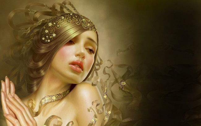 Обои картинки фото фэнтези, девушки, девушка, ленты, лицо, руки