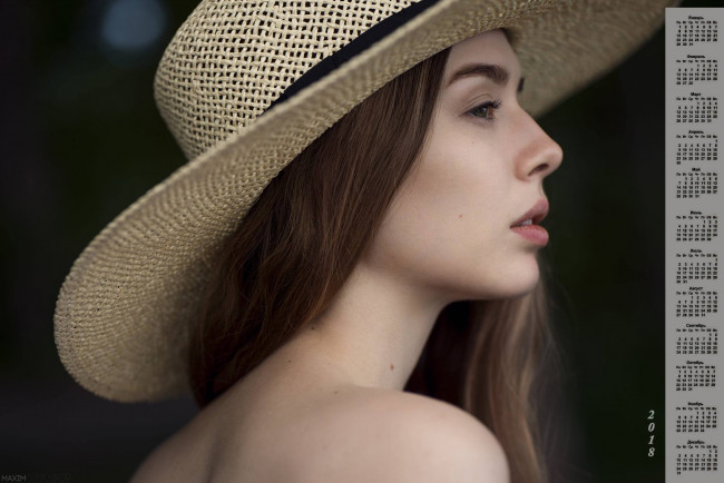 Обои картинки фото календари, девушки, 2018, профиль, лицо, шляпа