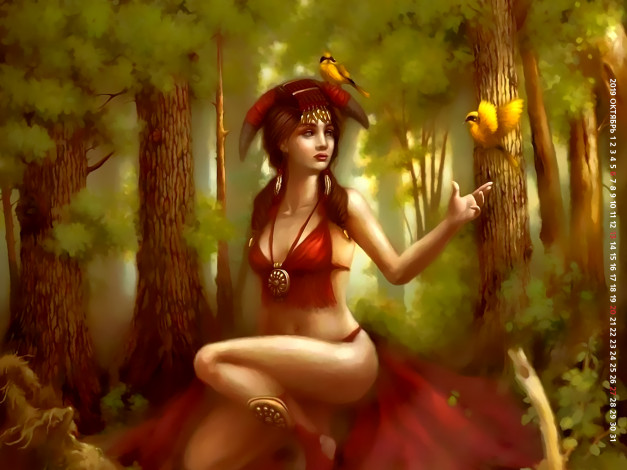 Обои картинки фото календари, фэнтези, 2019, лес, птица, растение, дерево, украшение, девушка, calendar