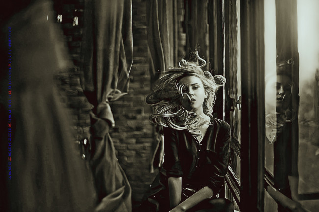 Обои картинки фото календари, компьютерный дизайн, движение, взгляд, девушка, штора, помещение, 2019, calendar, женщина