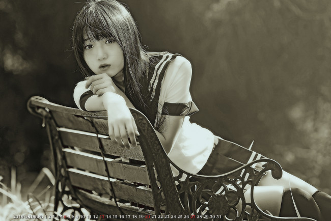 Обои картинки фото календари, компьютерный дизайн, 2019, calendar, улица, девушка, скамейка, униформа, женщина, азиатка