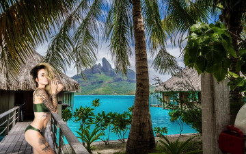 Картинка девушки alysha+nett тропики пальмы бунгало бикини тату