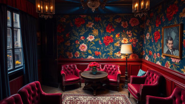 обоя 3д графика, реализм , realism, кабинет, кресла, картина, люстра, ковер