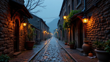 Картинка 3д+графика реализм+ realism улица каменные здания вечер фонари