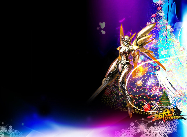 Обои картинки фото видео игры, zero online, девушка, робот, оружие, снежинки, ёлка, новый, год