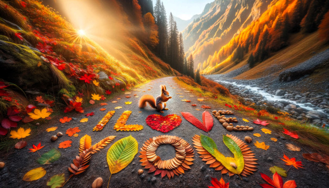 Обои картинки фото 3д графика, романтика , romantics, горы, лес, солнце, осень, ручей, белка, дорога, листья, надпись