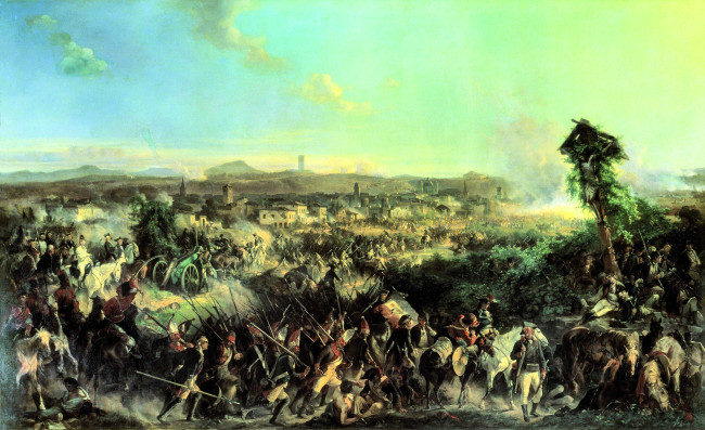 Обои картинки фото сражение при нови, рисованное, александр коцебу, город, армии, сражение, бой