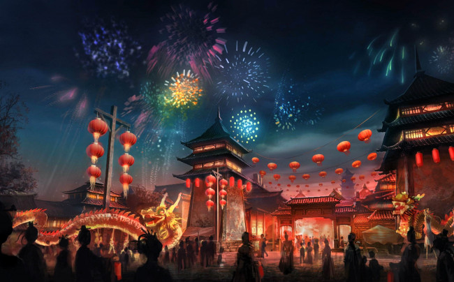 Обои картинки фото видео игры, nine communities, город, люди, китай, праздник, фонари, салют