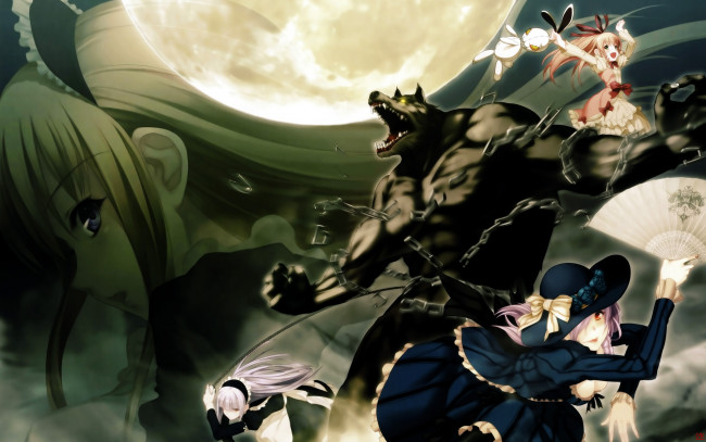 Обои картинки фото аниме, gekkou, no, carnevale, луна, цепи, оборотень, девушки