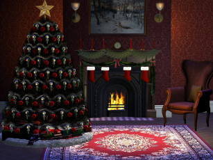 Картинка 3д графика holidays праздники камин елка стул