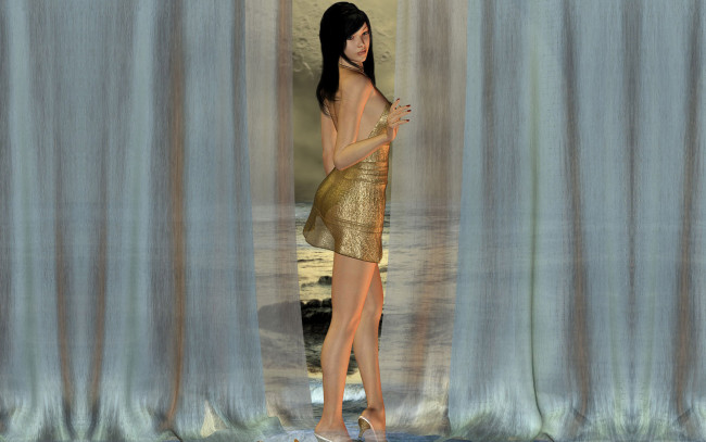 Обои картинки фото 3д, графика, people, люди, смотрит, занавески, стоит, девушка