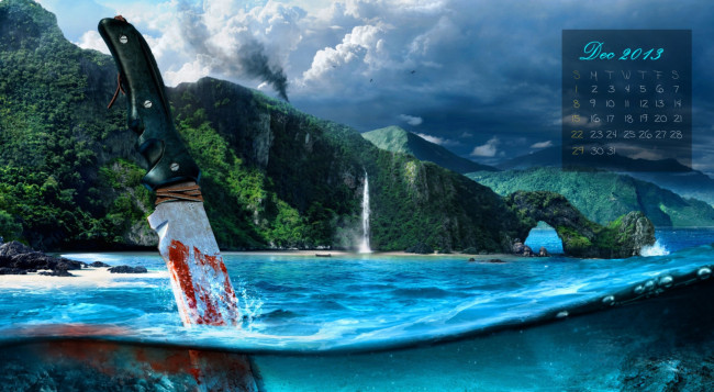 Обои картинки фото календари, видеоигры, нож, вода