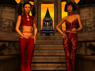 Картинка 3д+графика люди+ people девушки взгляд фон лестница башня