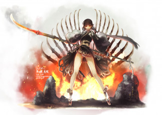 Картинка аниме оружие +техника +технологии поза взгляд камни дым фон брюнетка улыбка белый ноги огонь девушка арт brew len