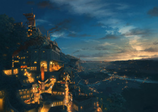 Картинка аниме город +улицы +здания закат вечер арт poti1990 pochi огни небо пейзаж