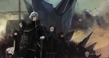 Картинка аниме pixiv+fantasia paradise fantasia pixiv мачта корабль дома крыши девушки парень арт swd3e2 pffk