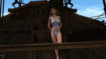 Картинка 3д+графика люди+ people небо купальник пират парусник фон взгляд девушка