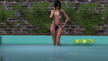 обоя 3д графика, люди , people, взгляд, девушка, растение, забор, круг, фон, купальник, бассейн