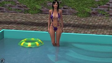 Картинка 3д+графика люди+ people забор растение бассейн купальник круг фон взгляд девушка