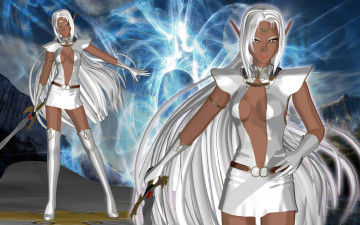 обоя 3д графика, эльфы , elves, фон, взгляд, эльфийки, оружие