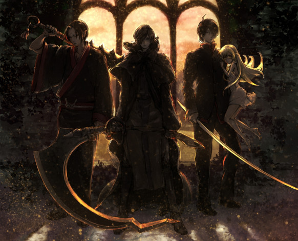 Обои картинки фото аниме, оружие,  техника,  технологии, araragi, koyomi, oshino, shinobu, облака, булава, небо, закат, окно, свет, катана, коса, девочка, парни, moses, hoozuki