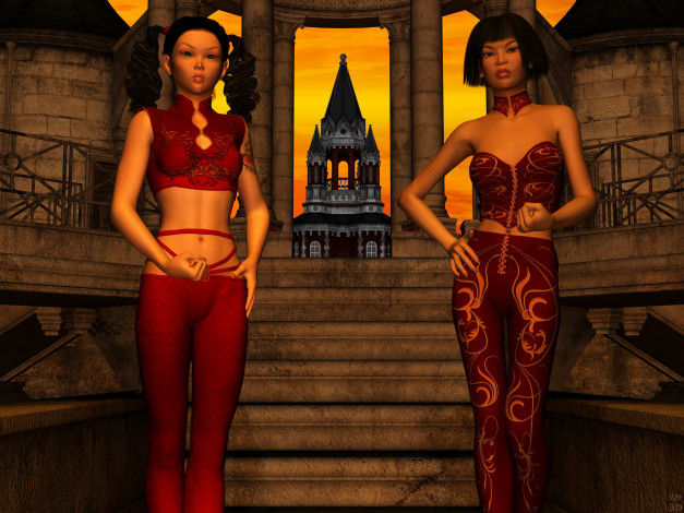 Обои картинки фото 3д графика, люди , people, девушки, взгляд, фон, лестница, башня