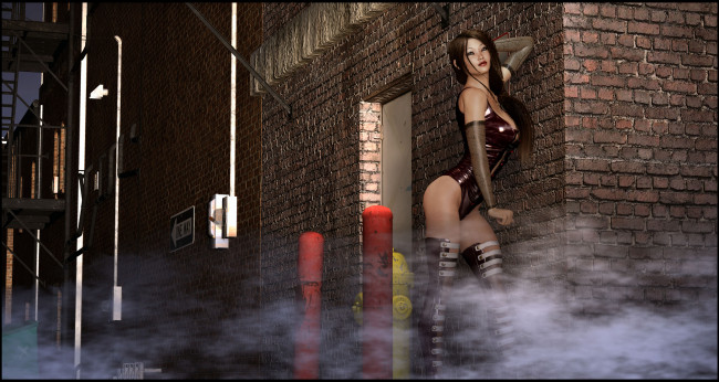 Обои картинки фото 3д графика, люди , people, улица, дом, дымка, девушка, взгляд, фон