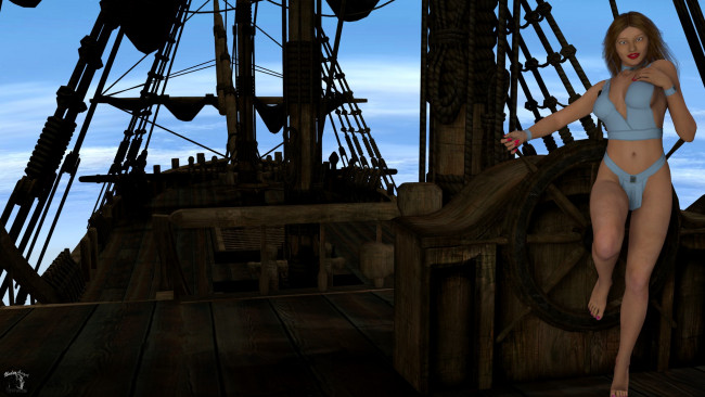 Обои картинки фото 3д графика, люди , people, взгляд, девушка, купальник, парусник, фон, небо, пират