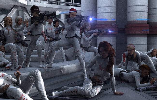 Обои картинки фото 3д графика, фантазия , fantasy, лестница, бой, оружие, девушки