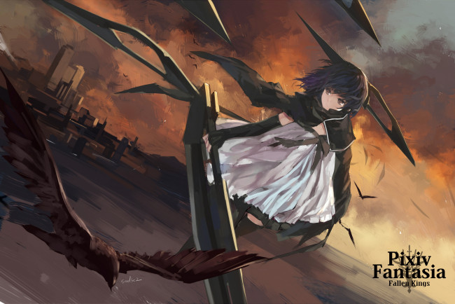 Обои картинки фото аниме, pixiv fantasia, брюнетка, swd3e2, pffk, pixiv, fantasia, paradise, арт, небо, девушка, закат